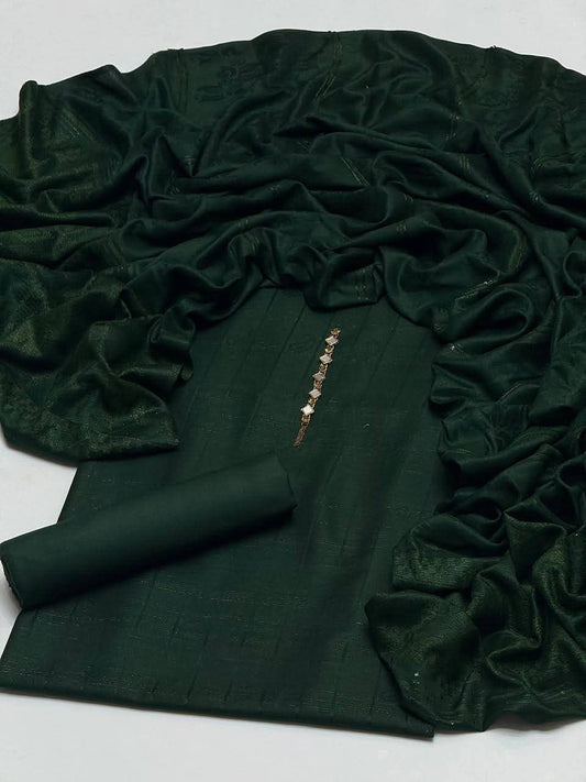 Dhanak Self Jaquard 3PC Dress dark green