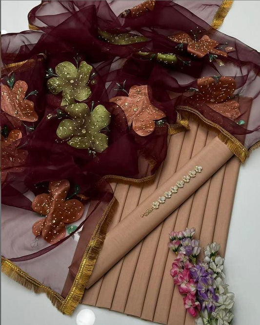 Organza Brush Paint Heavy Beads Work 3PC Dress mehroon