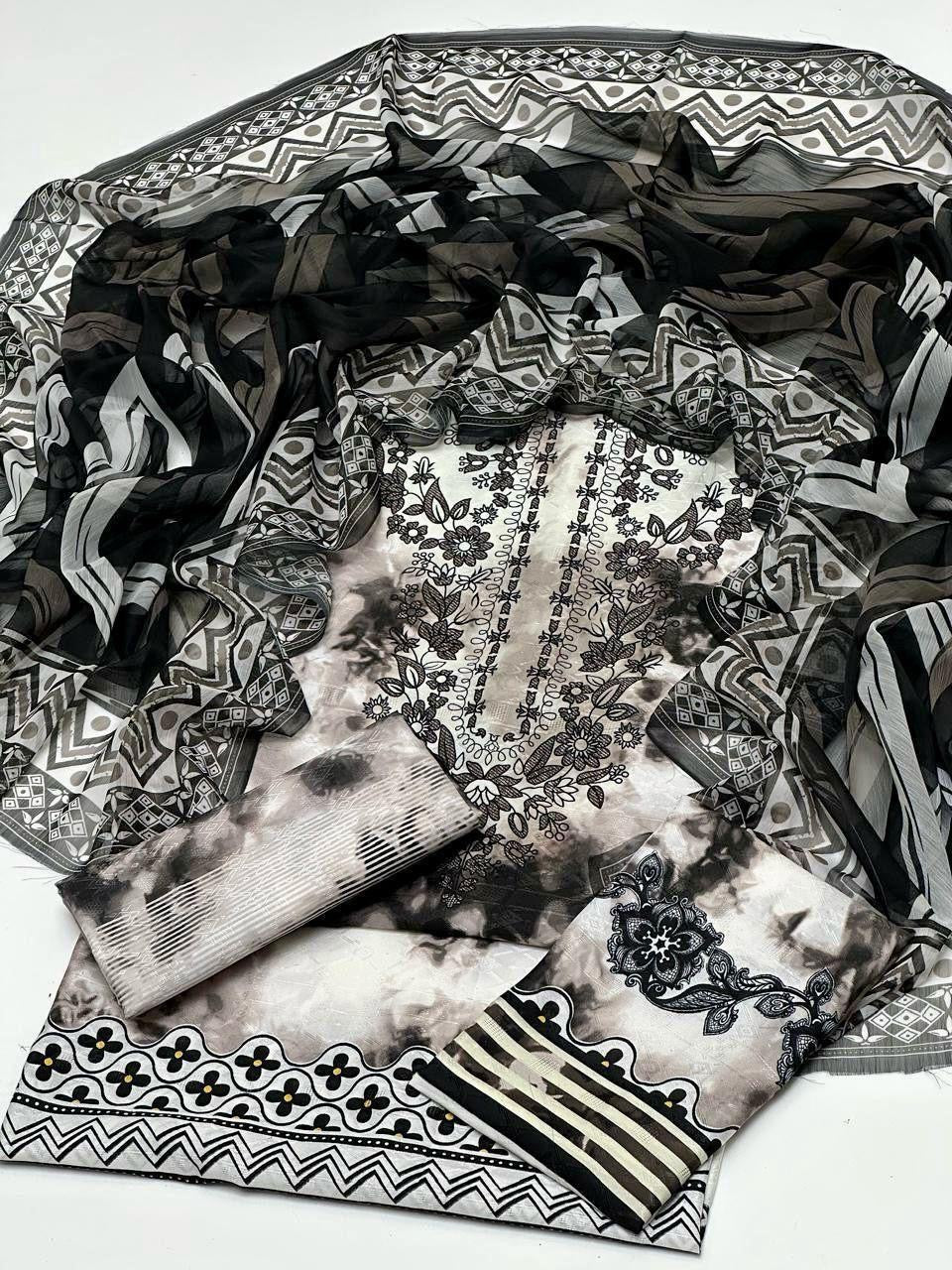 Swiss Jacquard Lawn Fabric Digital Printed 3PC Dress