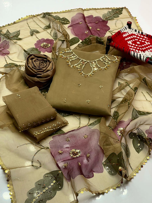 Handwork Stones And Beads Work 3PC Dress Brown