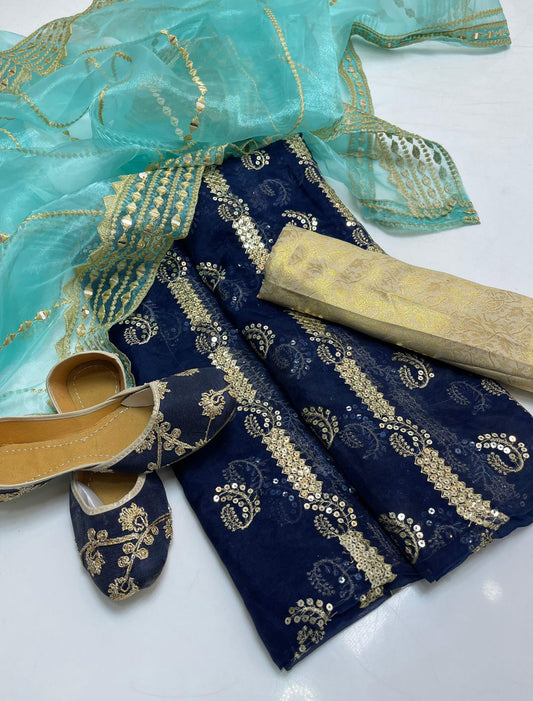 Organza Embroidered 3PC Dress Navy