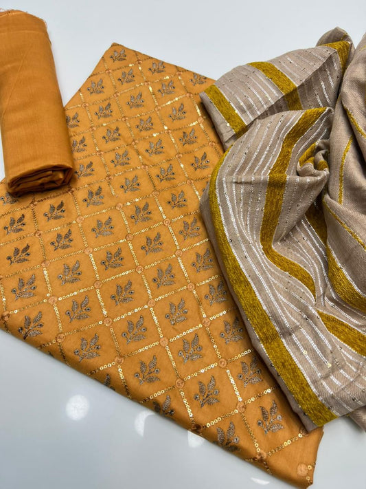 Marina Lilen Embroidery 3PC Dress Gold