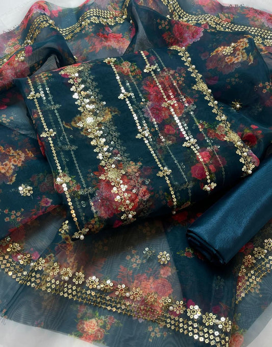 Organza Digital Embroidered 3PC Dress Navy