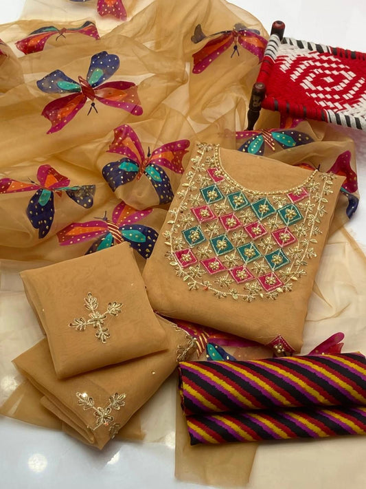 Handwork Stones And Beads Work Organza 3PC Dress Beige