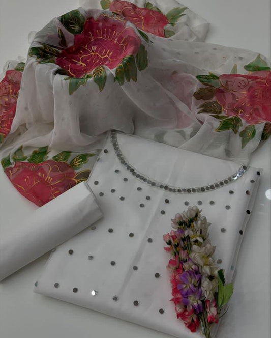 Pure Organza Mirror Work 3PC Dress White