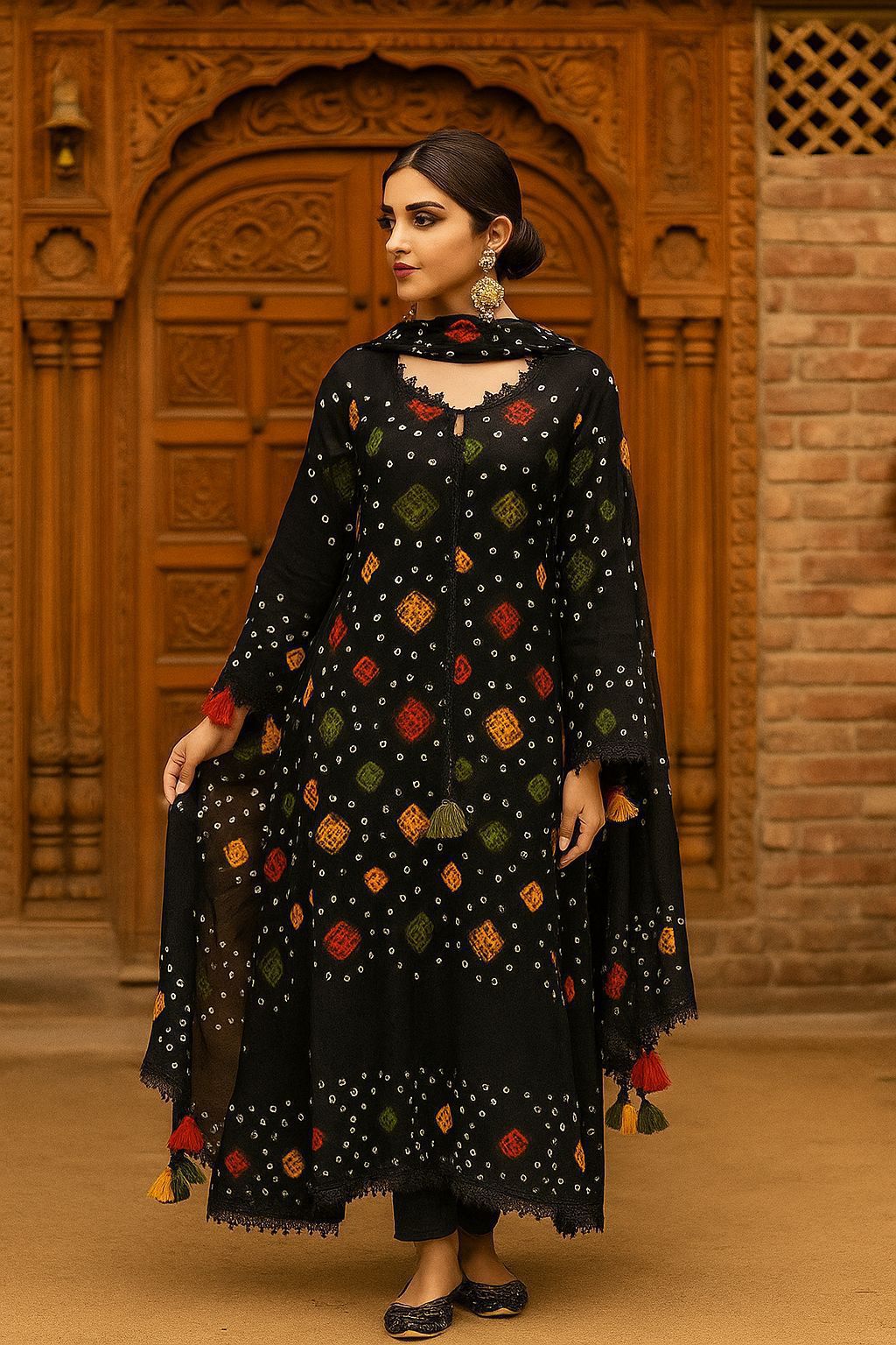 Linen Rajhistani Handmade Chunnri 4PC Dress