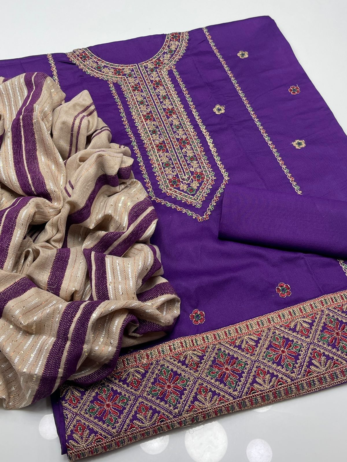 Dhanak Gala Daman computer Embroidery 3PC Dress