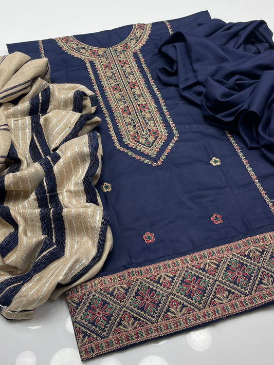 Dhanak Gala Daman computer Embroidery 3PC Dress Blue