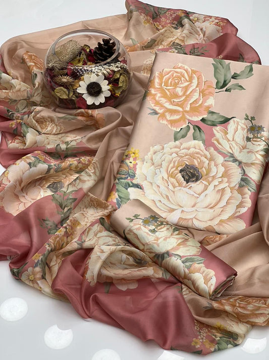 Shamoze Silk Digital Print 3PC Dress Peach