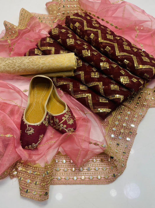 Organza all over work 3pc Dress mehroon