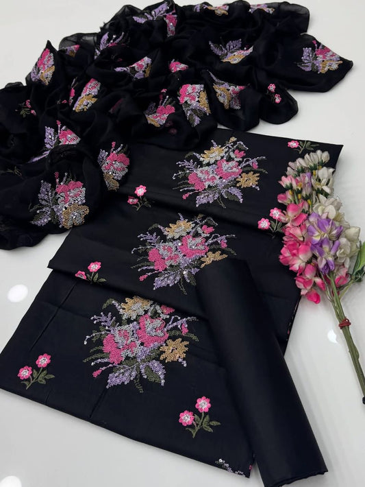Handmade Style Cross Stitch Embroidery 3pc Dress Black