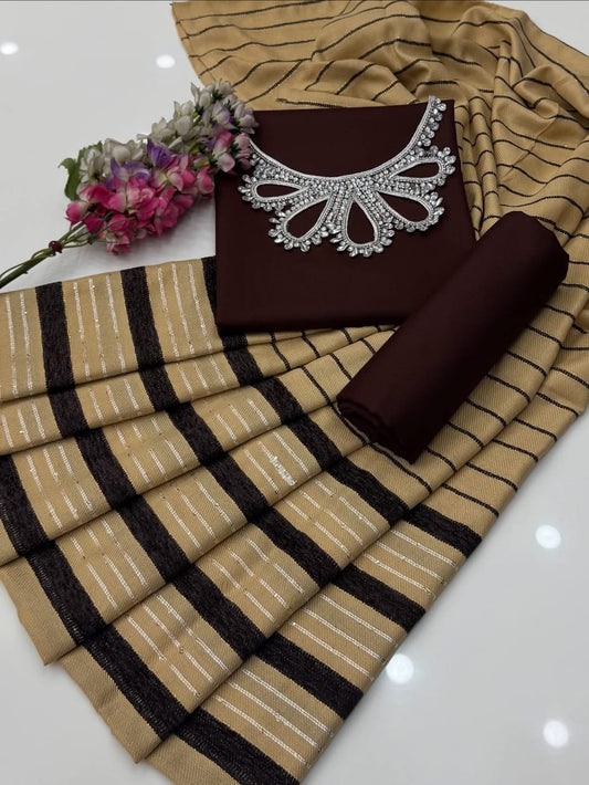 Beautiful Elegant Style Dhanak Marina 3pc Dress Brown