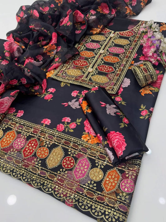 Embroidered Shamooz Silk Digital Printed 3pc Dress Black