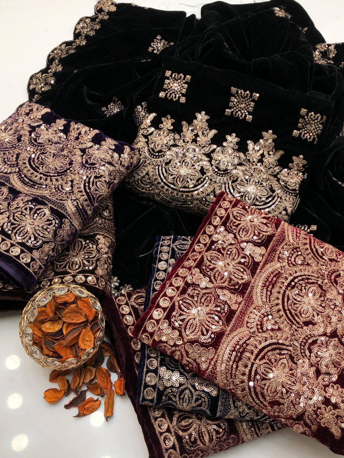 Havy Zari Embroidery soft Velvet Micro 3pc Dress Brown