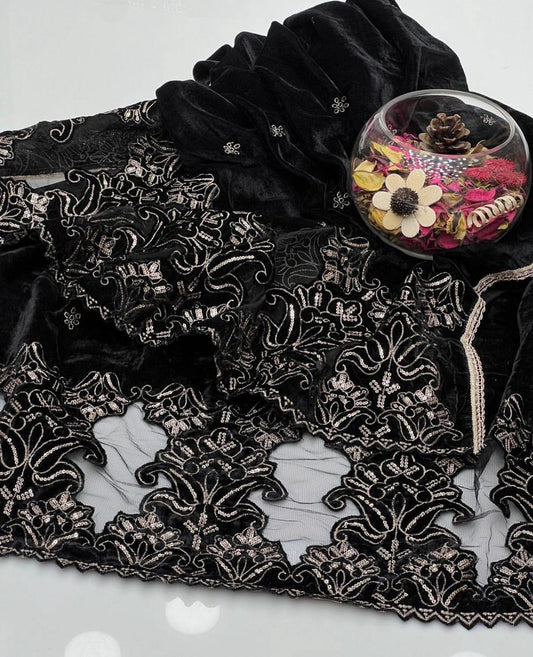 Cut Work Sequence Embroidery Micro Velvet Shawl black