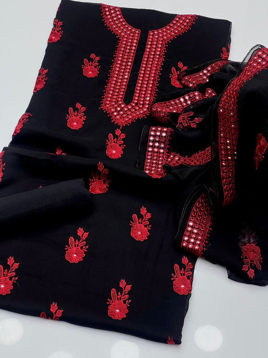 Shiffon Machine Embroiderd 3PC Dress Red