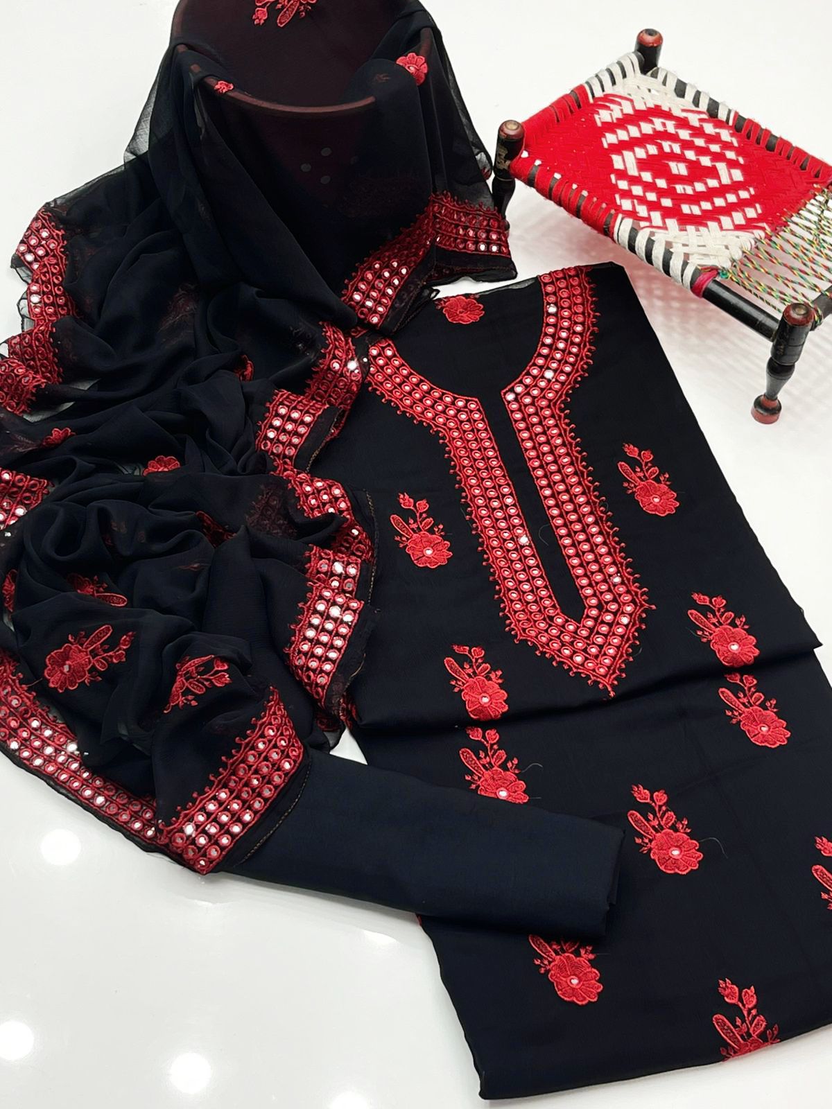 Shiffon Machine Embroiderd 3PC Dress Red