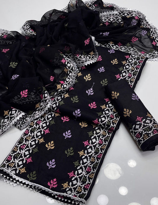 Lawn Cotton Embroidered With Sequence 3PC Dress black