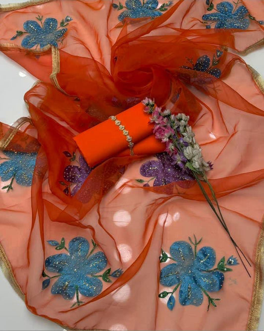 Organza Brush Paint Heavy Beads Work 3PC Dress