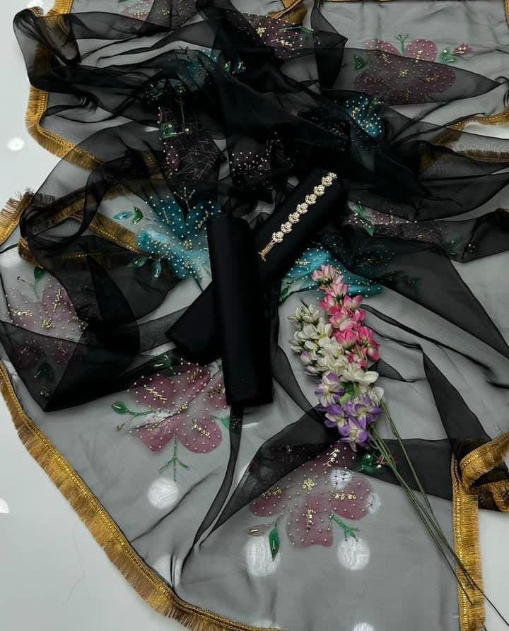 Organza Brush Paint Heavy Beads Work 3PC Dress
