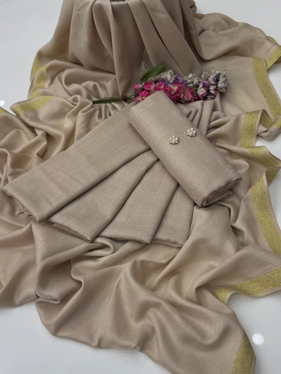 Beautiful Excelent Quality Soft Pashmina Wool 3pc Dress Beige