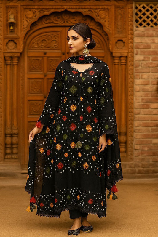 Linen Rajhistani Handmade Chunnri 4PC Dress