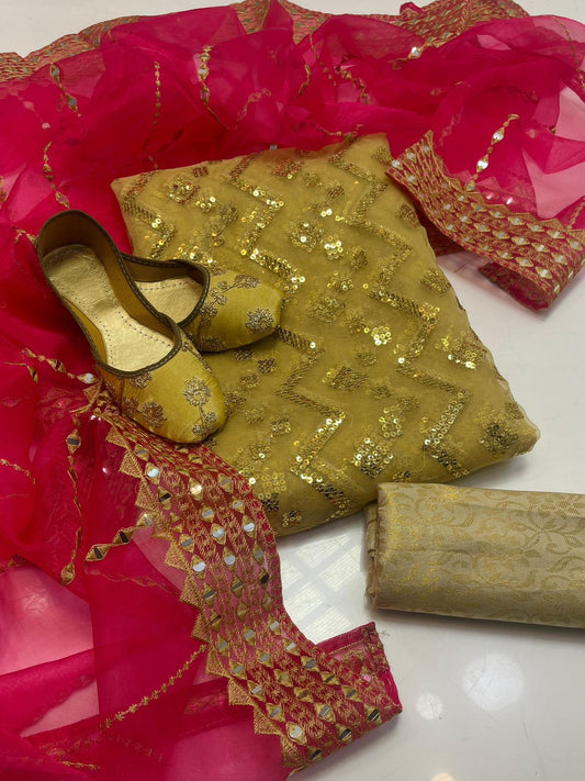 Organza all over work 3pc Dress Beige