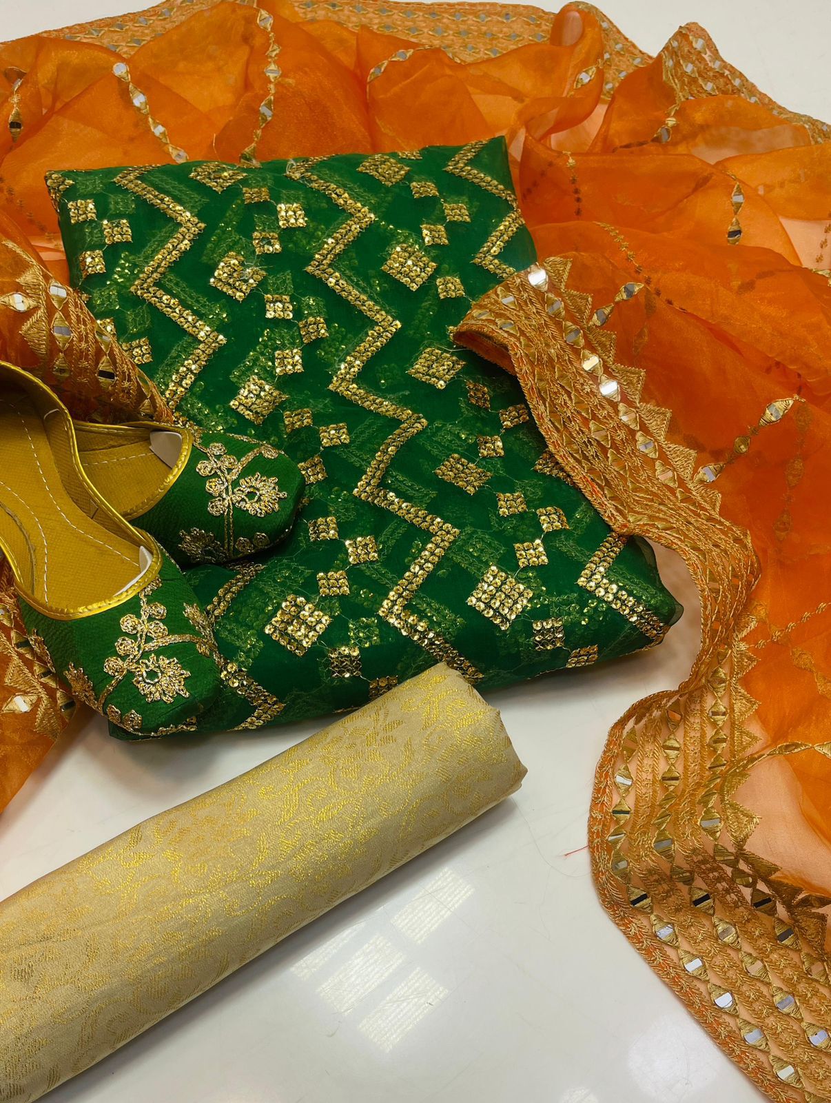 Organza all over work 3pc Dress Green