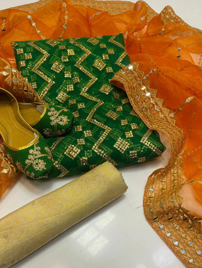 Organza all over work 3pc Dress Green