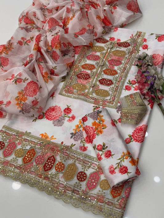 Embroidered Shamooz Silk Digital Printed 3pc Dress White