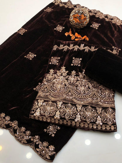 Havy Zari Embroidery soft Velvet Micro 3pc Dress Brown