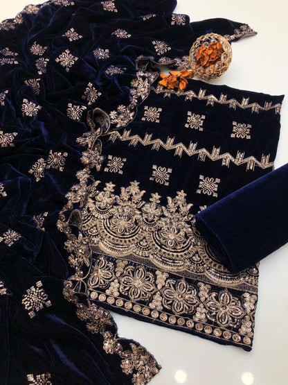 Havy Zari Embroidery soft Velvet Micro 3pc Dress Navy