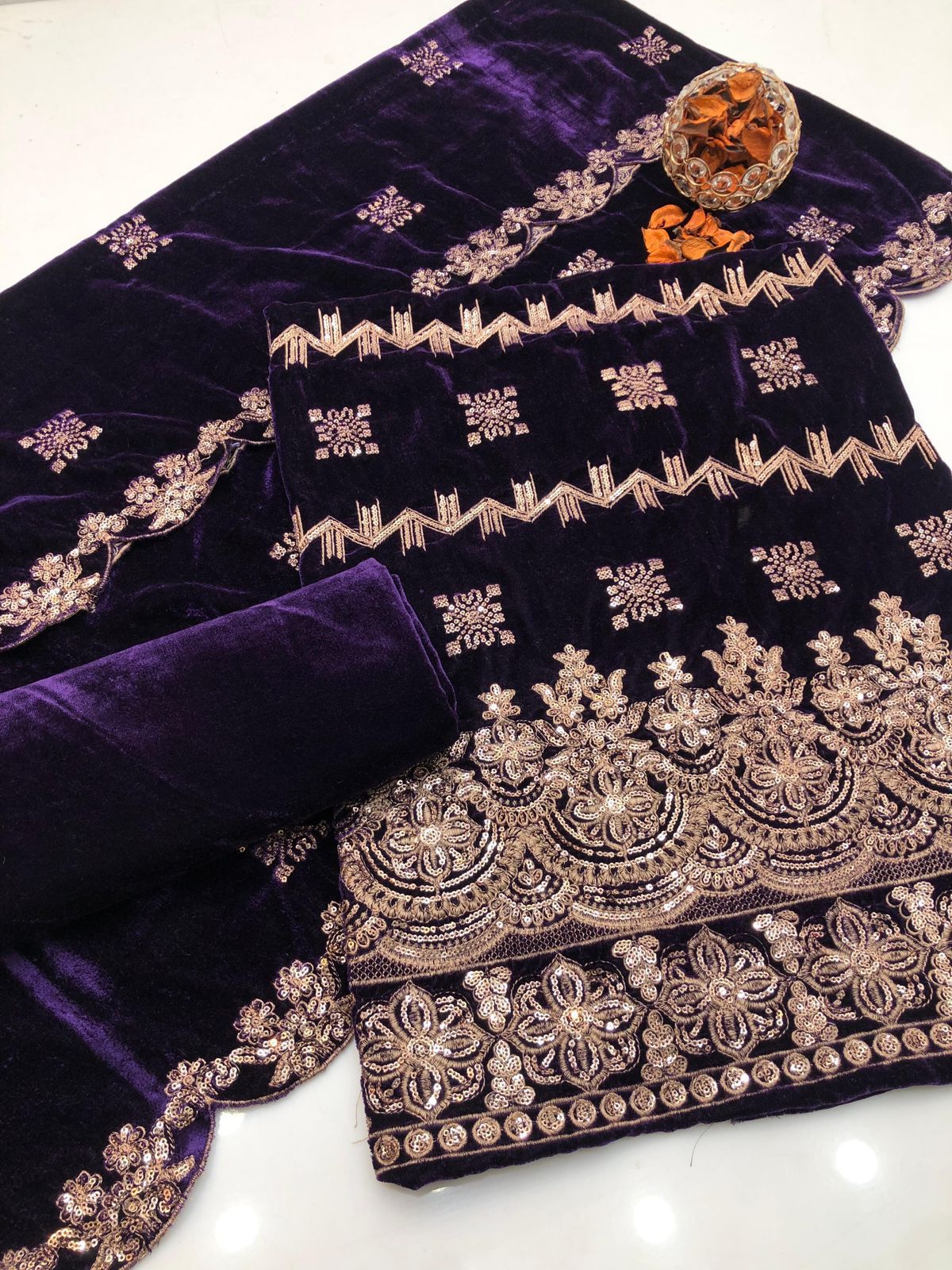 Havy Zari Embroidery soft Velvet Micro 3pc Dress Purple