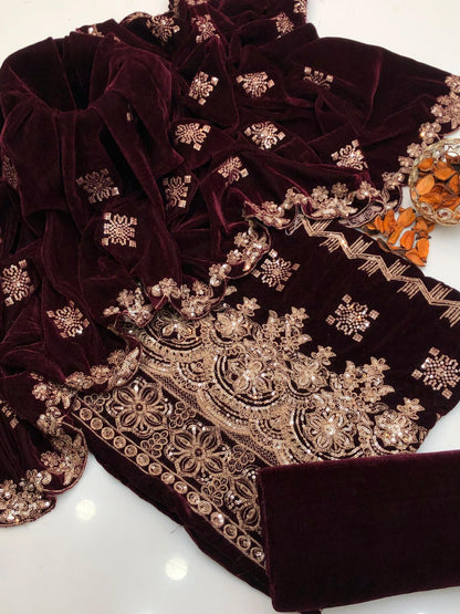 Havy Zari Embroidery soft Velvet Micro 3pc Dress Brown
