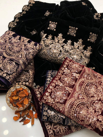 Havy Zari Embroidery soft Velvet Micro 3pc Dress Brown