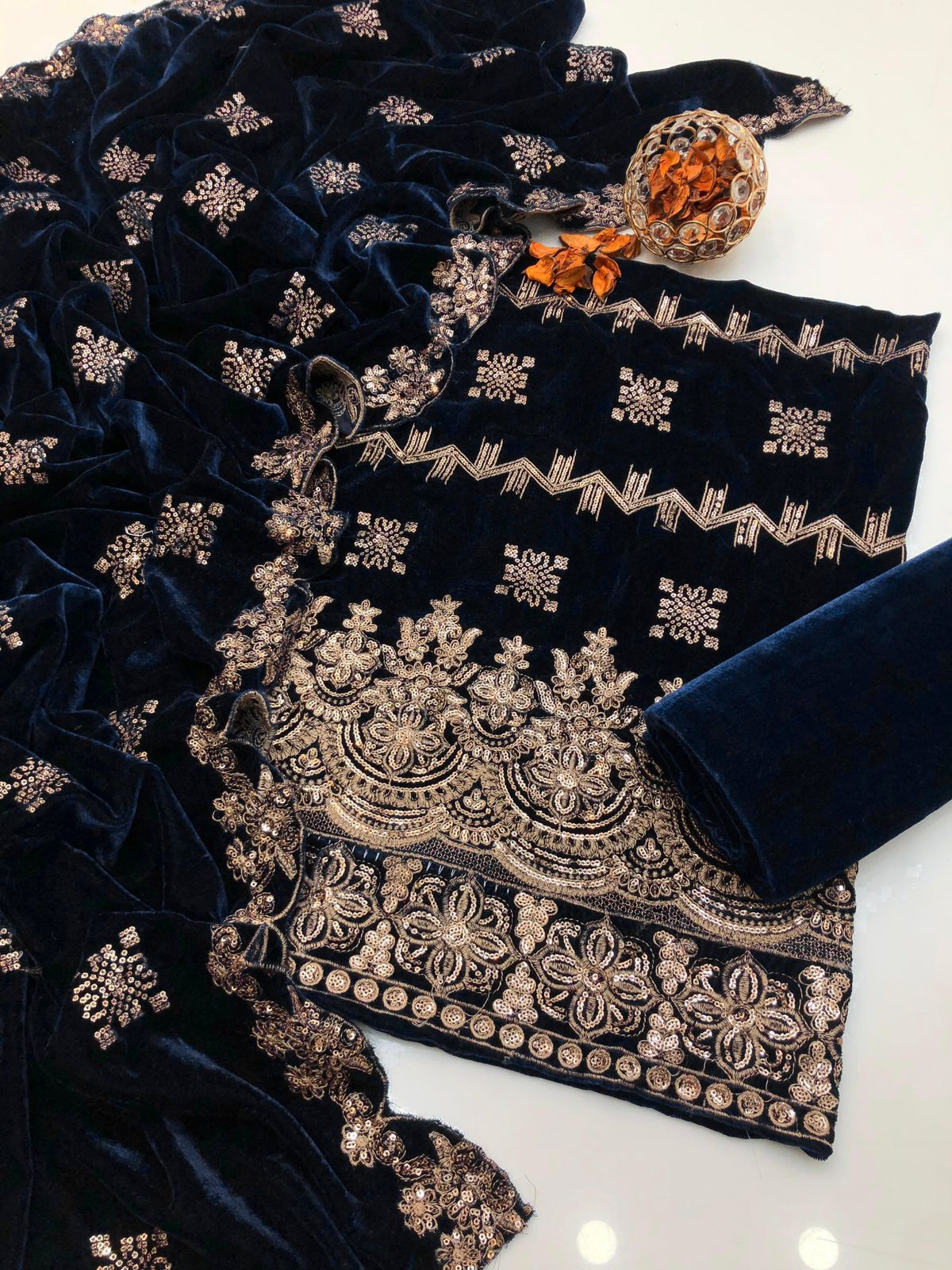 Havy Zari Embroidery soft Velvet Micro 3pc Dress Brown