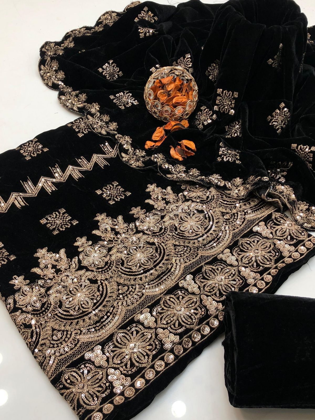 Havy Zari Embroidery soft Velvet Micro 3pc Dress Black