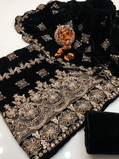 Havy Zari Embroidery soft Velvet Micro 3pc Dress Black