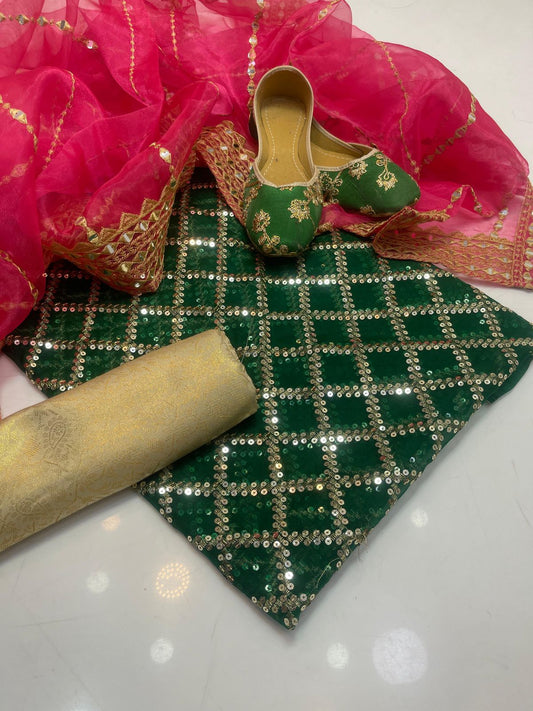 organza all over work 3pc dress Green