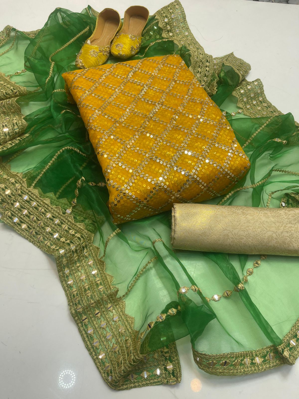 organza all over work 3pc dress Gold