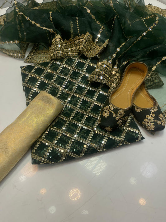 organza all over work 3pc dress dark green