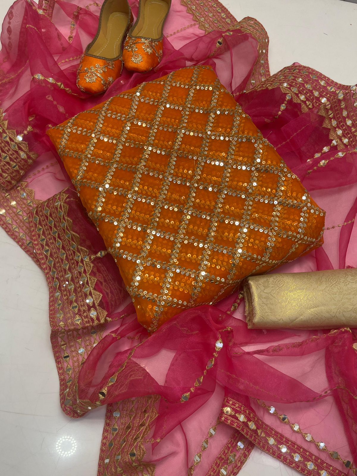 organza all over work 3pc dress Orange
