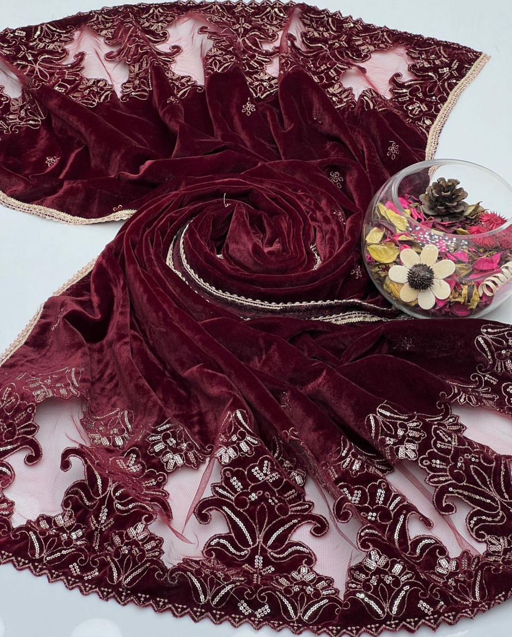 Cut Work Sequence Embroidery Micro Velvet Shawl Red