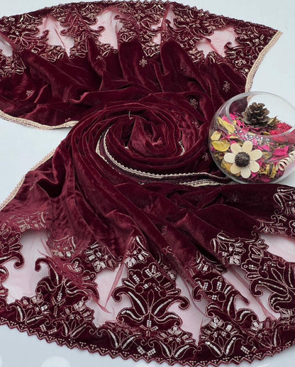 Cut Work Sequence Embroidery Micro Velvet Shawl Red