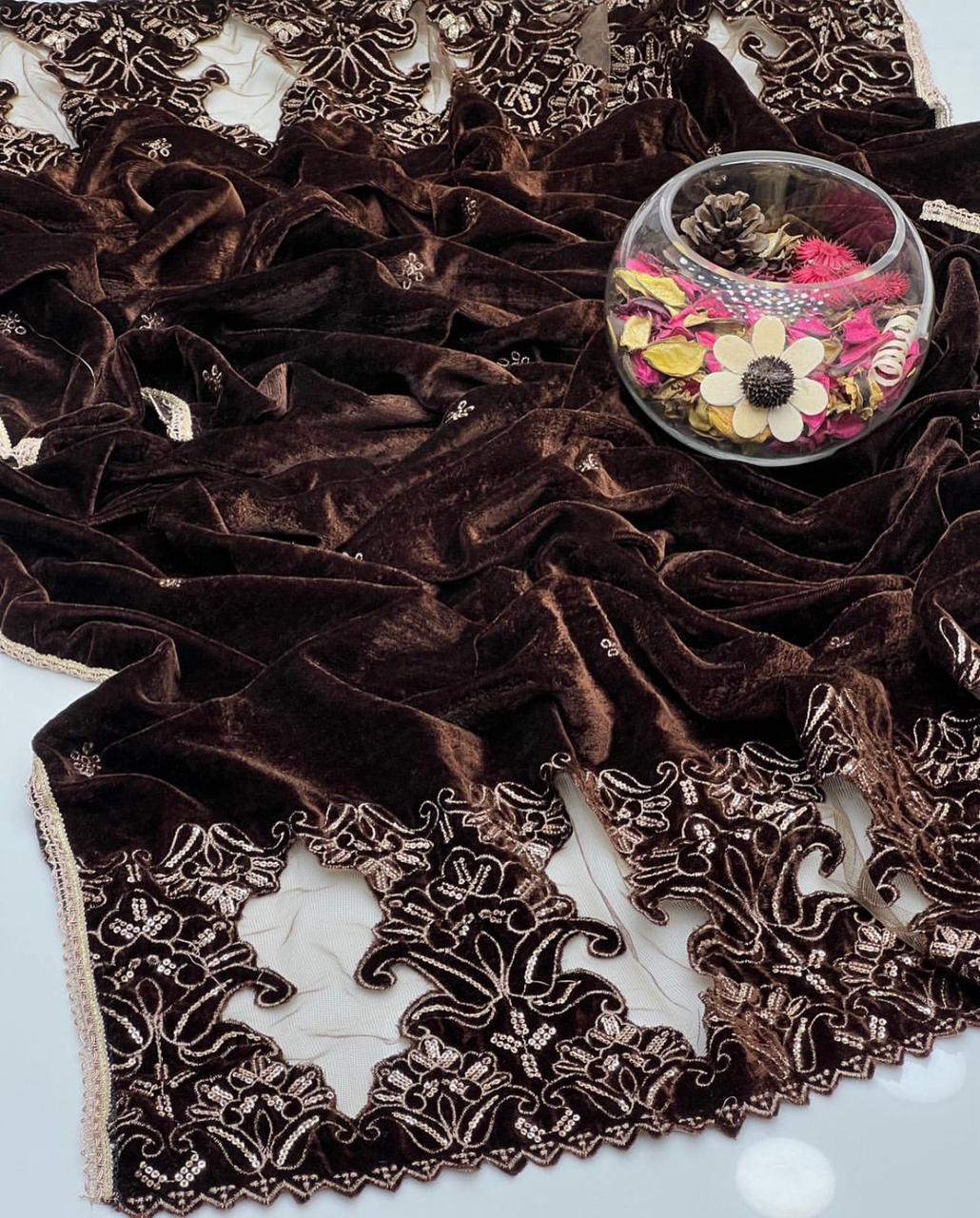 Cut Work Sequence Embroidery Micro Velvet Shawl Brown