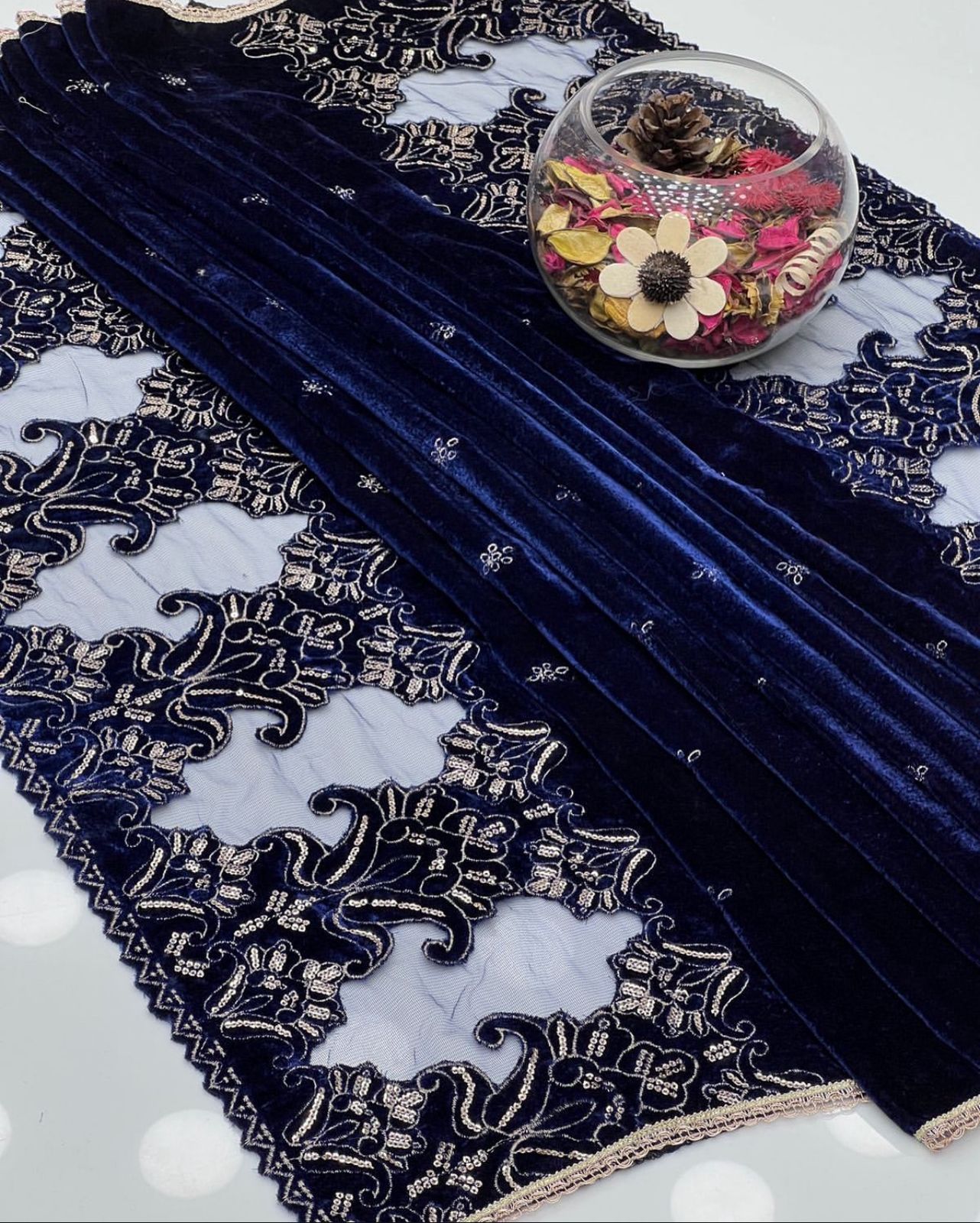 Cut Work Sequence Embroidery Micro Velvet Shawl Blue