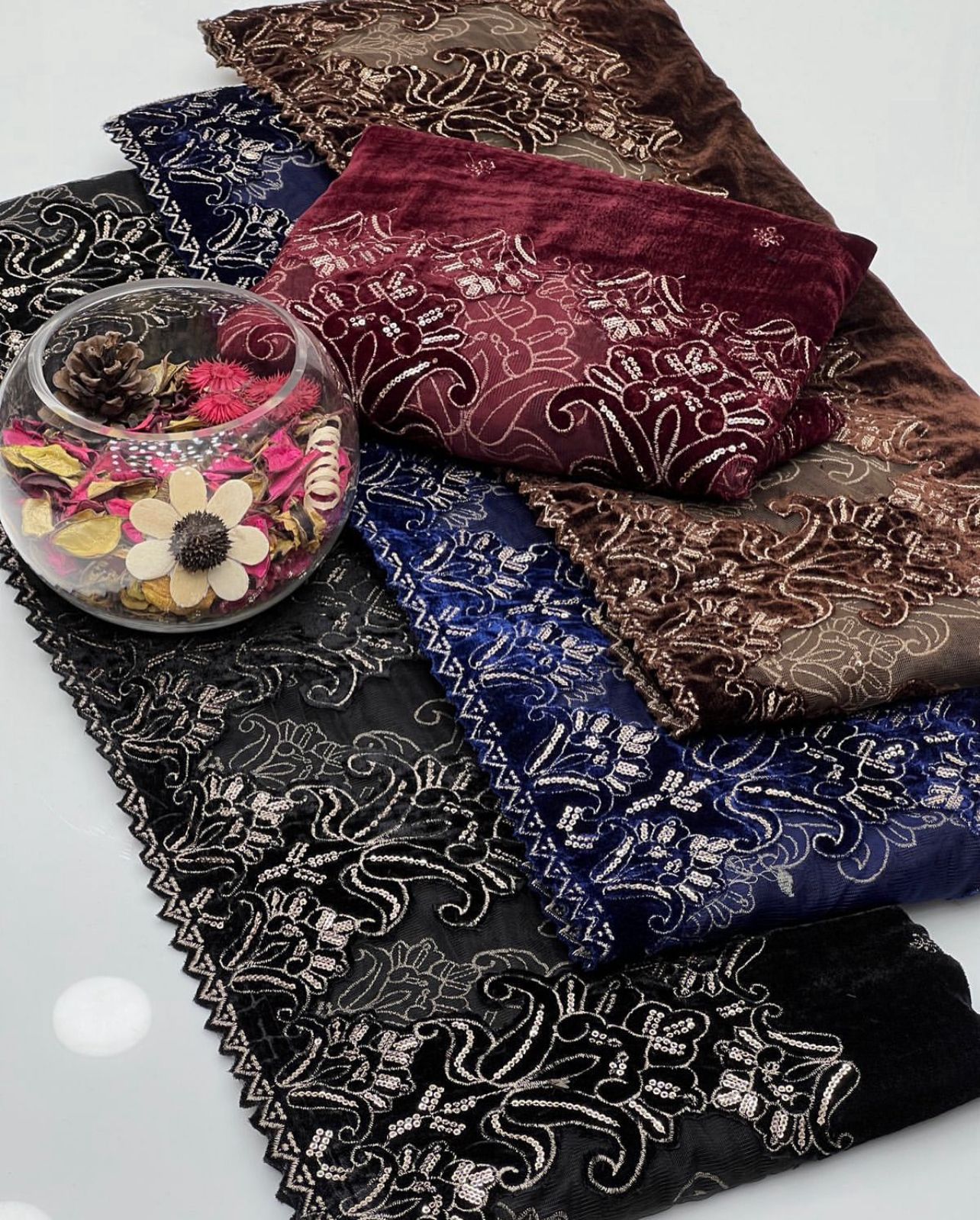 Cut Work Sequence Embroidery Micro Velvet Shawl