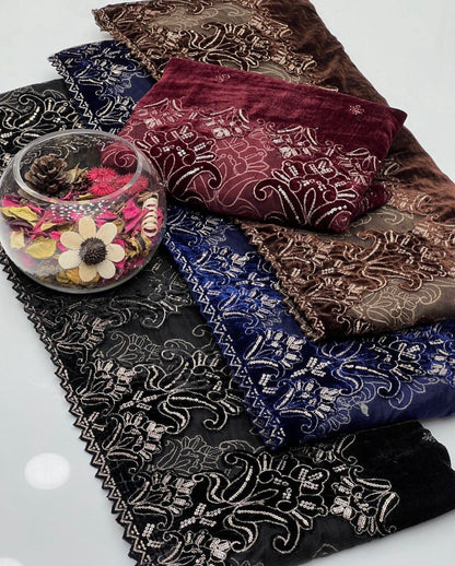 Cut Work Sequence Embroidery Micro Velvet Shawl