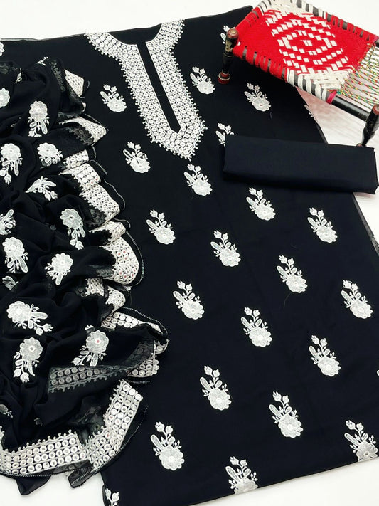 Shiffon Machine Embroiderd 3PC Dress Black