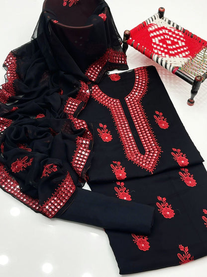 Shiffon Machine Embroiderd 3PC Dress Red